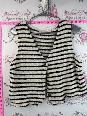Reitmans vest cardigan, Black and White Striped Knit Button Front Vest sweater